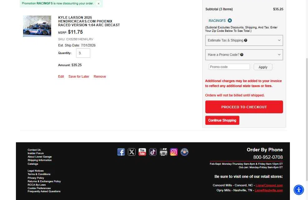 Lionel Racing checkout page showing Lionel Racing promo code box | Screenshot taken by SimplyCodes community member on Nov 16, 2025