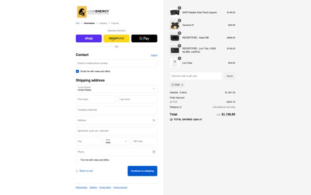Lion Energy checkout page showing Lion Energy coupon code box | Screenshot taken by SimplyCodes community member on Aug 31, 2025