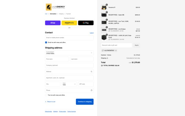 Lion Energy checkout page showing Lion Energy coupon code box | Screenshot taken by SimplyCodes community member on Sep 4, 2025