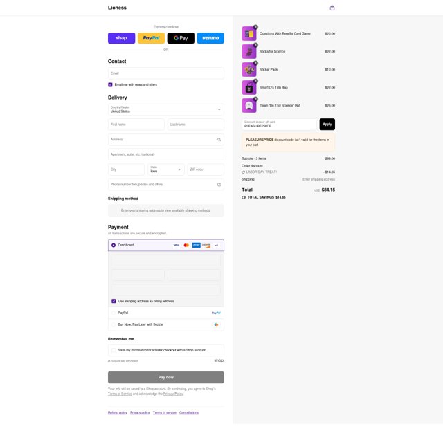 Lioness checkout page showing Lioness discount code box | Screenshot taken by SimplyCodes community member on Sep 3, 2025