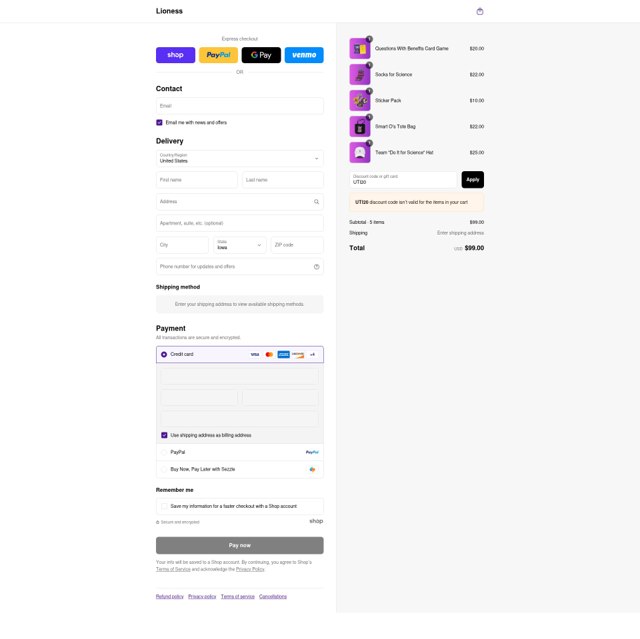 Lioness checkout page showing Lioness discount code box | Screenshot taken by SimplyCodes community member on Aug 30, 2025