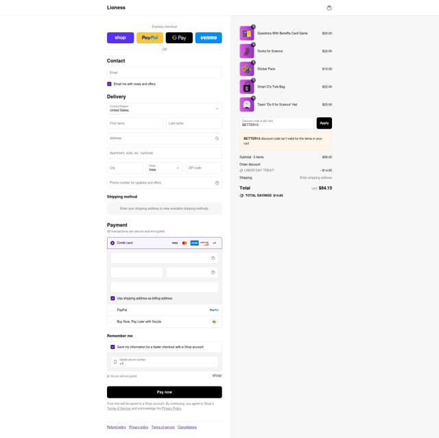 Lioness checkout page showing Lioness discount code box | Screenshot taken by SimplyCodes community member on Sep 3, 2025