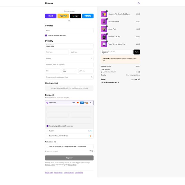 Lioness checkout page showing Lioness discount code box | Screenshot taken by SimplyCodes community member on Sep 3, 2025