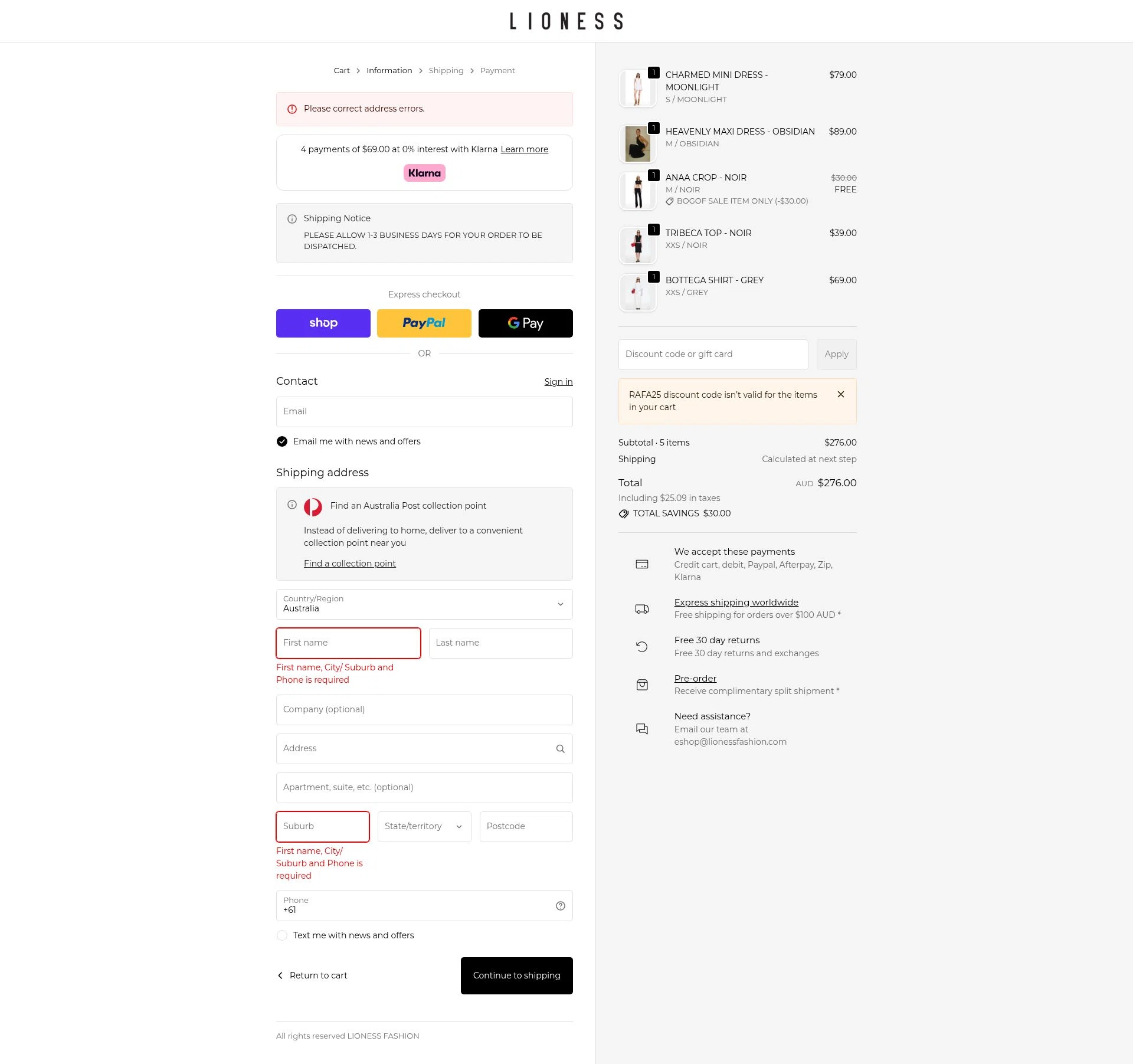 Lioness Fashion checkout page showing Lioness Fashion promo code box | Screenshot taken by SimplyCodes community member on Feb 9, 2026