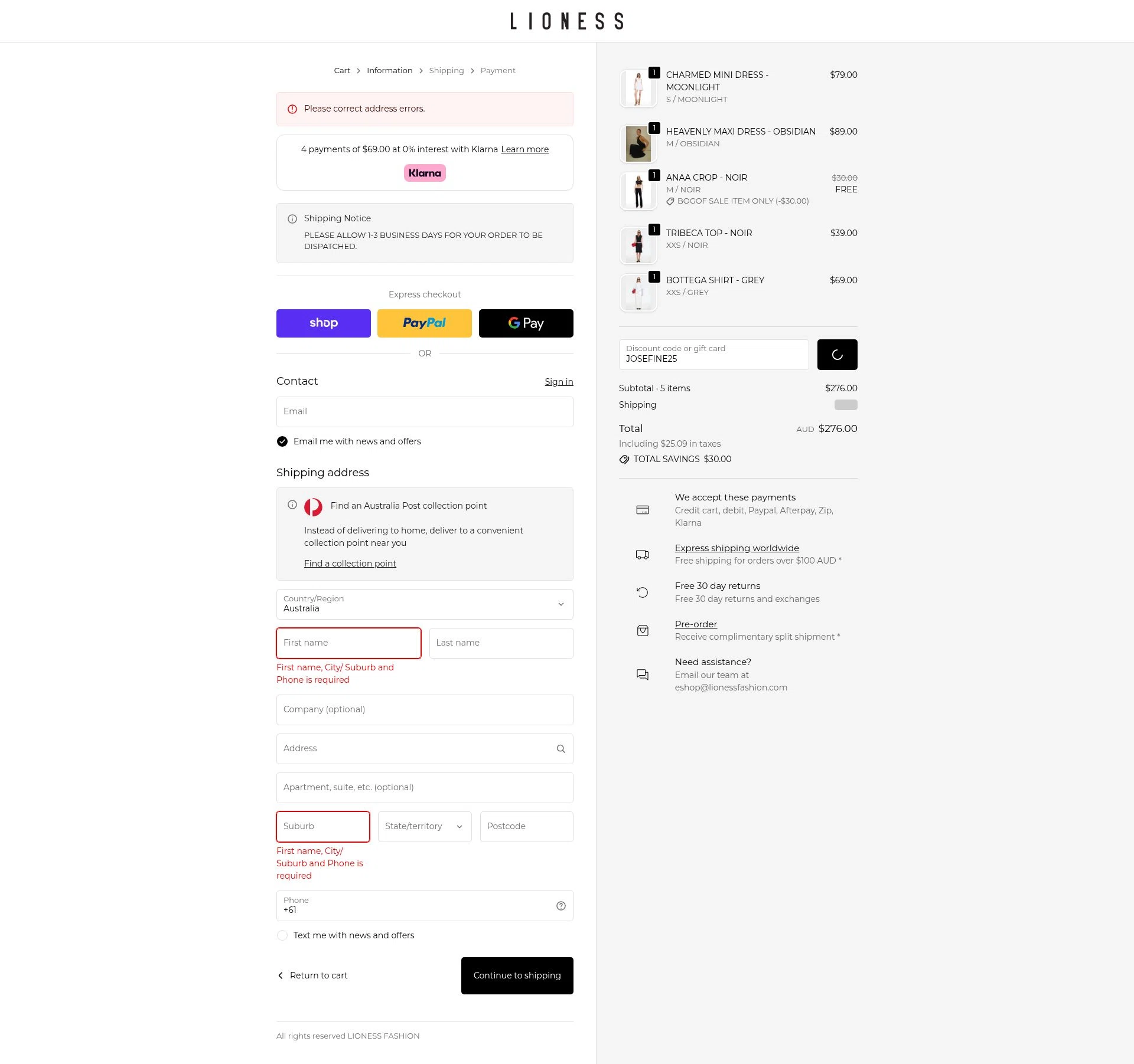 Lioness Fashion checkout page showing Lioness Fashion promo code box | Screenshot taken by SimplyCodes community member on Feb 9, 2026