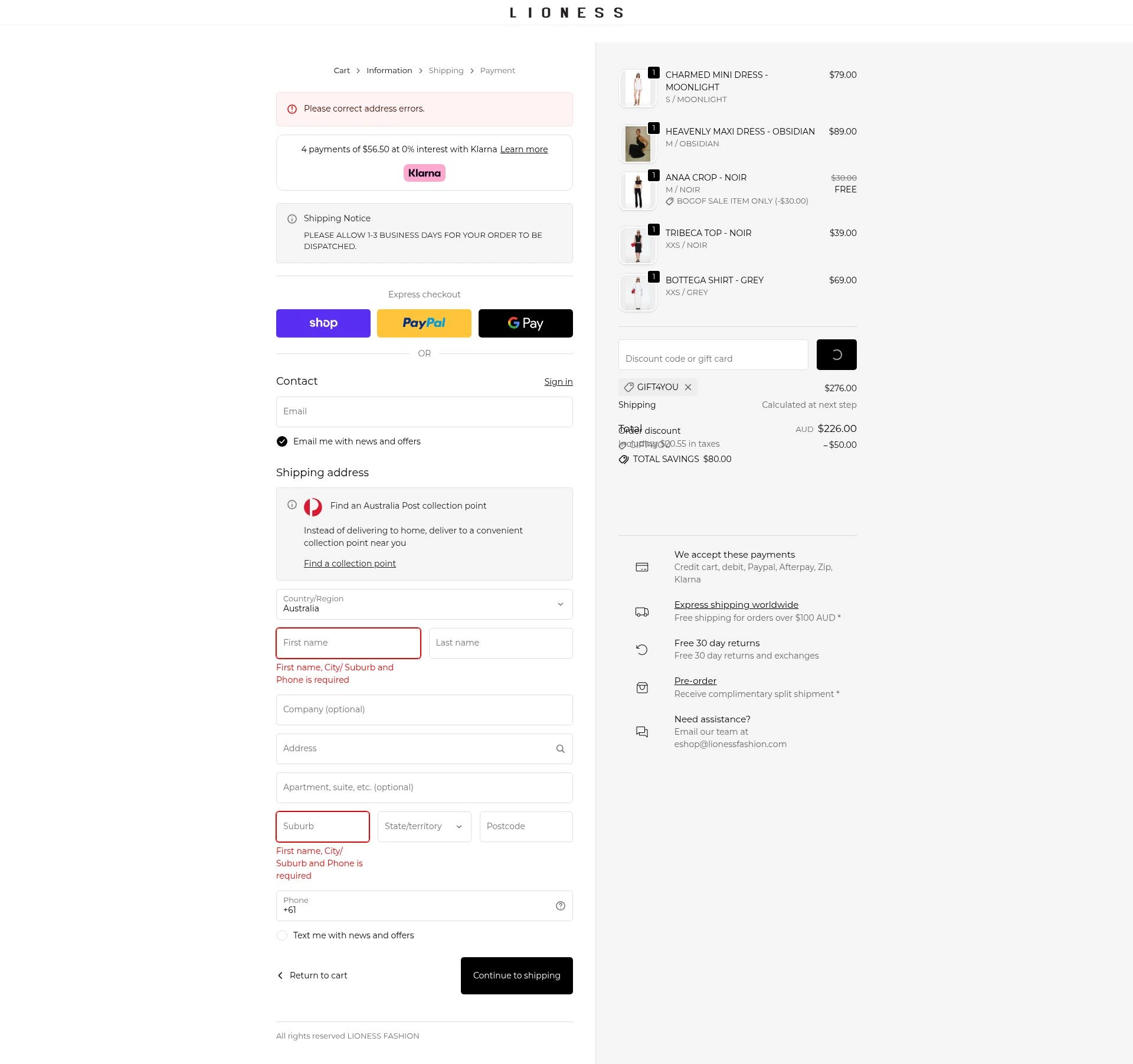 Lioness Fashion checkout page showing Lioness Fashion promo code box | Screenshot taken by SimplyCodes community member on Feb 10, 2026