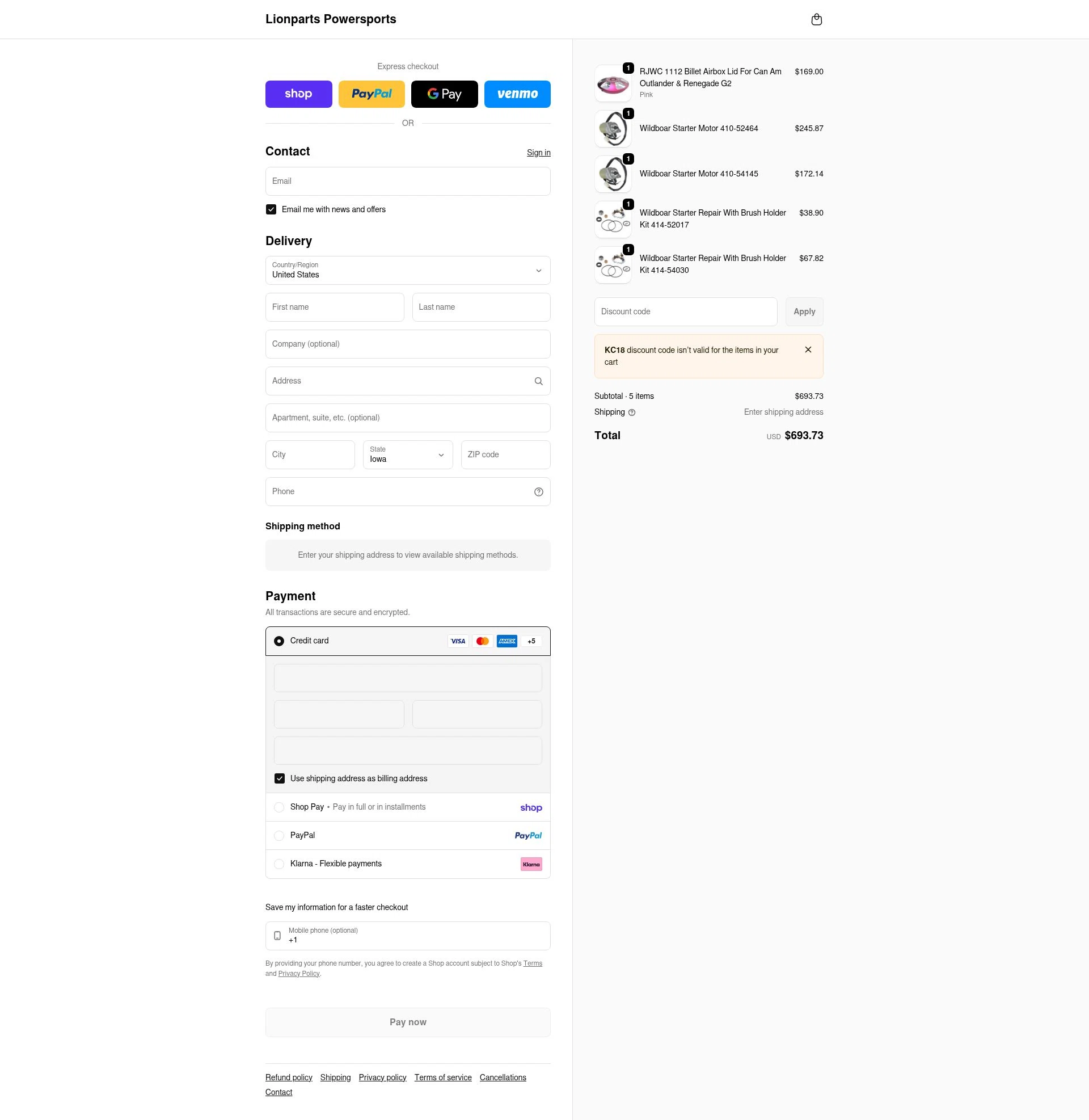 Lionparts checkout page showing Lionparts discount code box | Screenshot taken by SimplyCodes community member on Feb 8, 2026