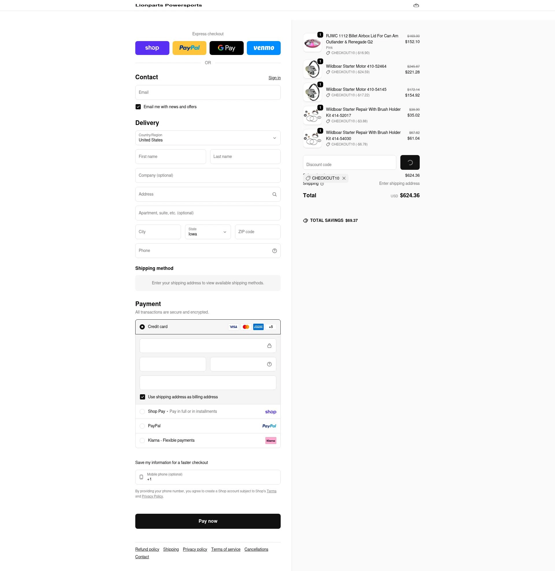 Lionparts checkout page showing Lionparts discount code box | Screenshot taken by SimplyCodes community member on Feb 12, 2026