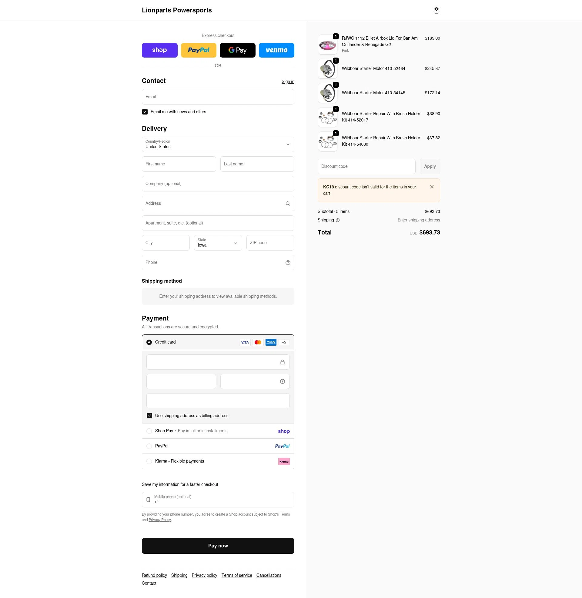 Lionparts checkout page showing Lionparts discount code box | Screenshot taken by SimplyCodes community member on Feb 12, 2026