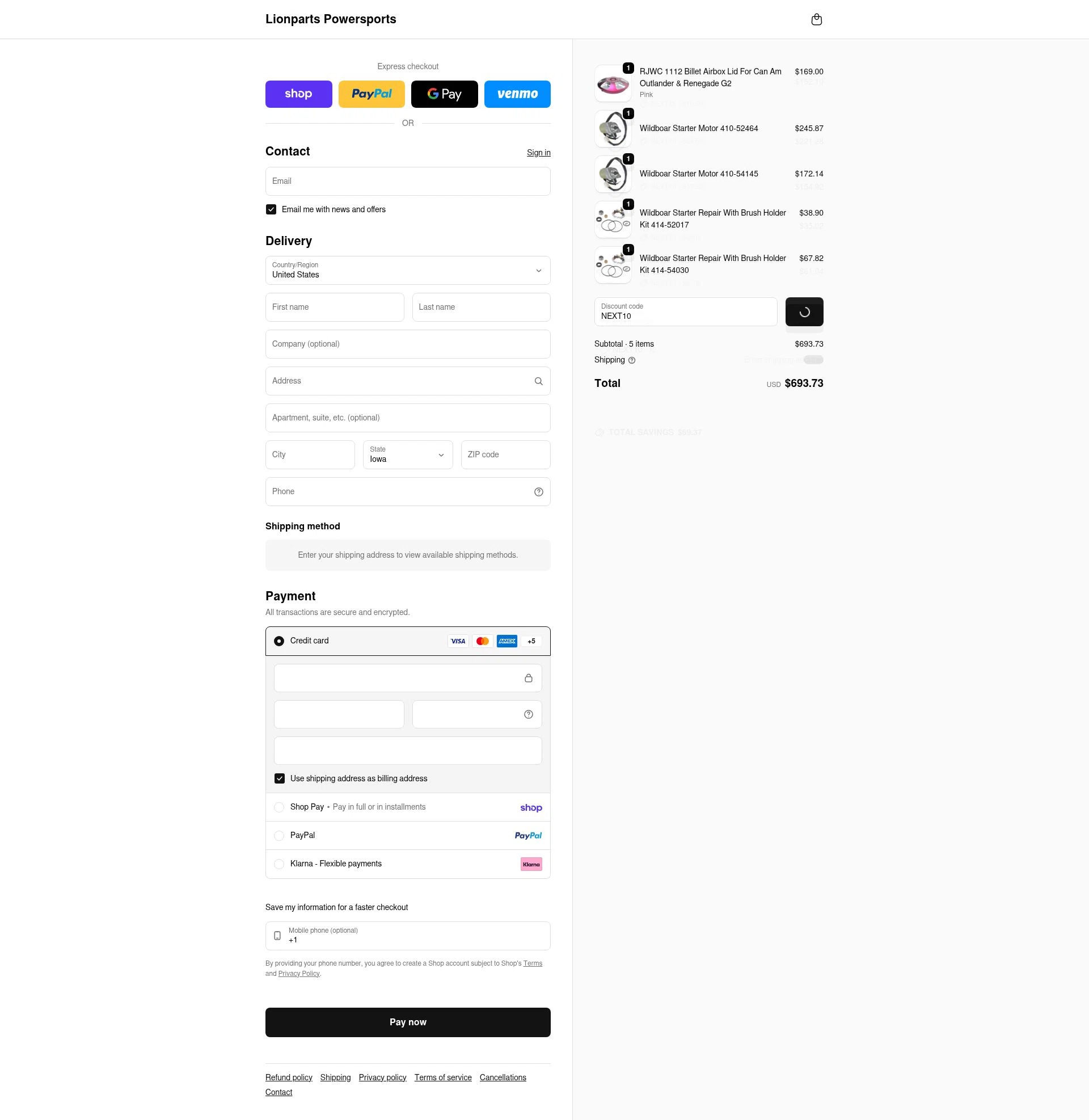 Lionparts checkout page showing Lionparts discount code box | Screenshot taken by SimplyCodes community member on Feb 12, 2026