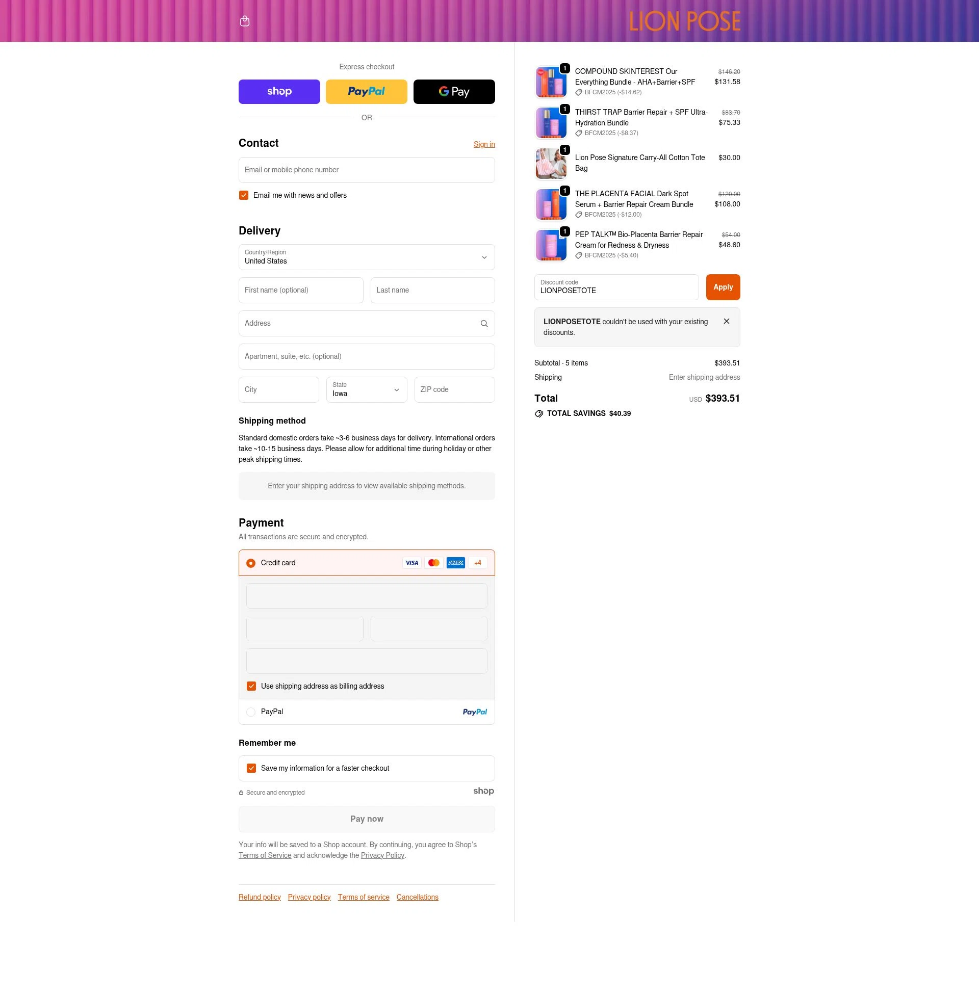 Lion Pose checkout page showing Lion Pose promo code box | Screenshot taken by SimplyCodes community member on Dec 16, 2025