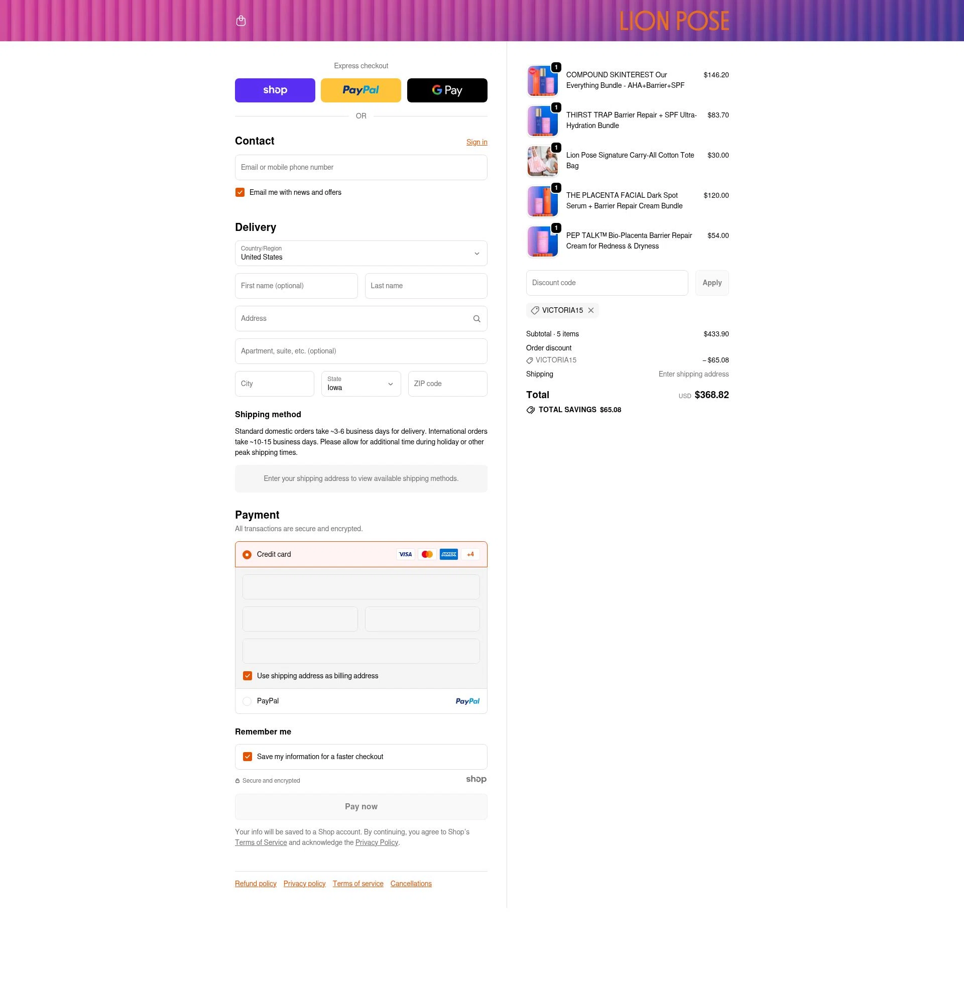 Lion Pose checkout page showing Lion Pose promo code box | Screenshot taken by SimplyCodes community member on Dec 16, 2025