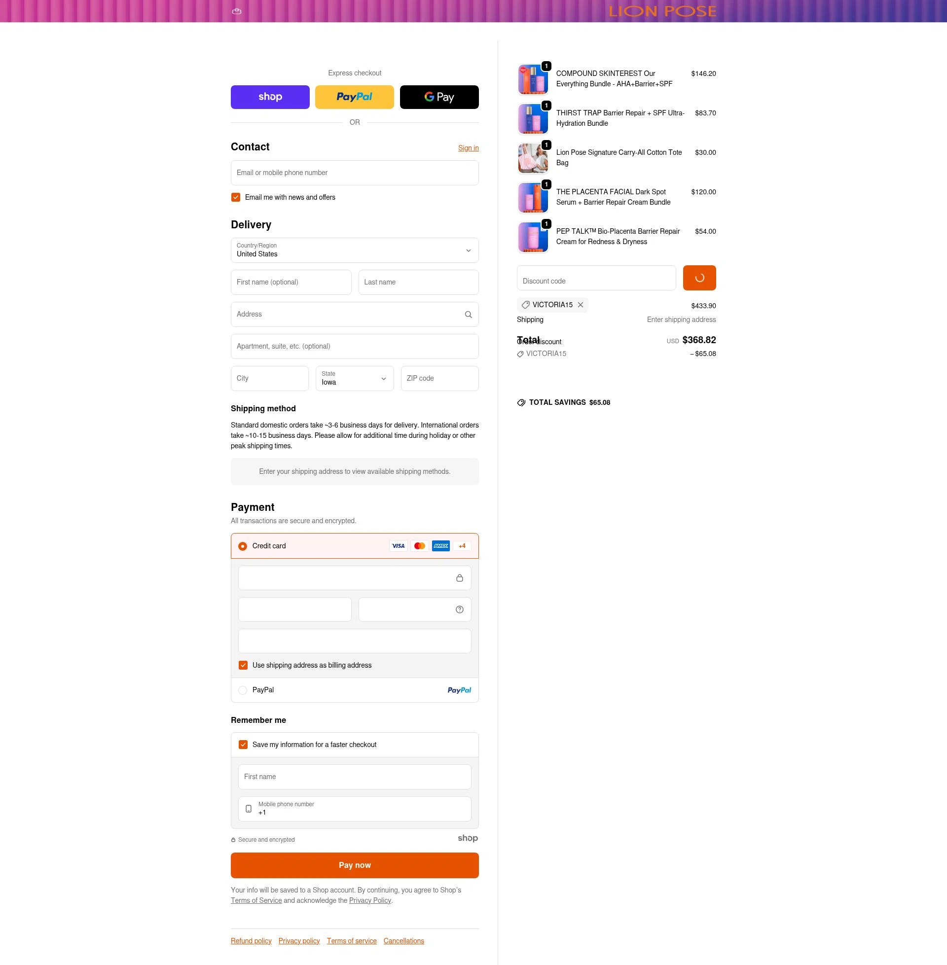 Lion Pose checkout page showing Lion Pose promo code box | Screenshot taken by SimplyCodes community member on Dec 23, 2025