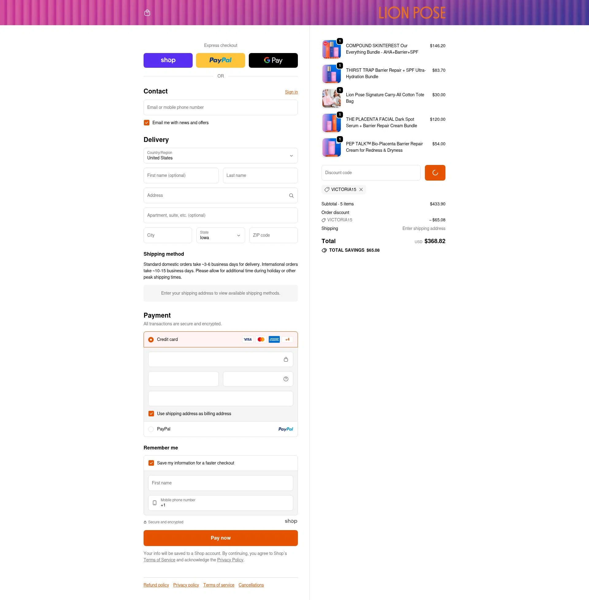 Lion Pose checkout page showing Lion Pose promo code box | Screenshot taken by SimplyCodes community member on Dec 28, 2025