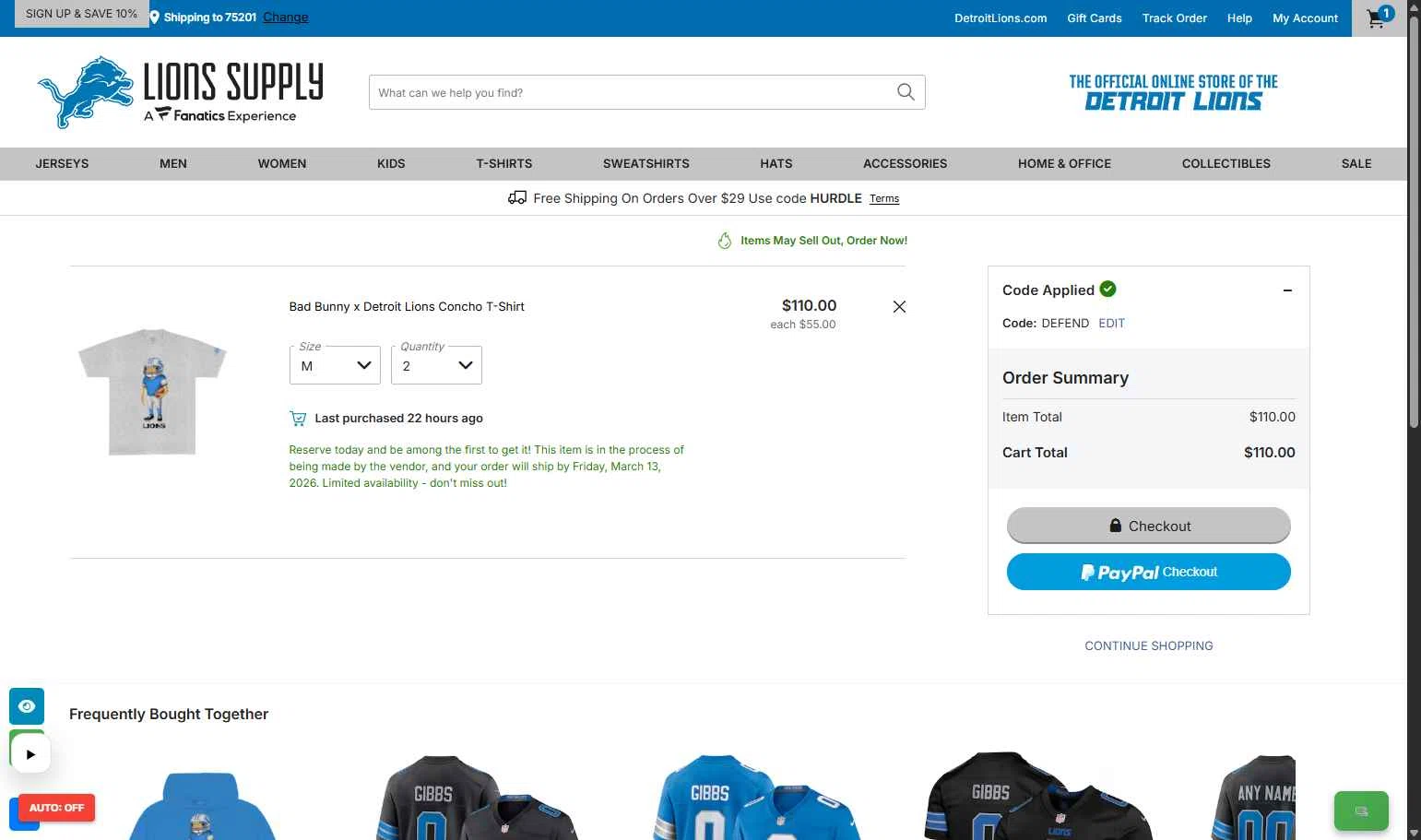 Detroit Lions Shop checkout page showing Detroit Lions Shop promo code box | Screenshot taken by SimplyCodes community member on Jan 30, 2026