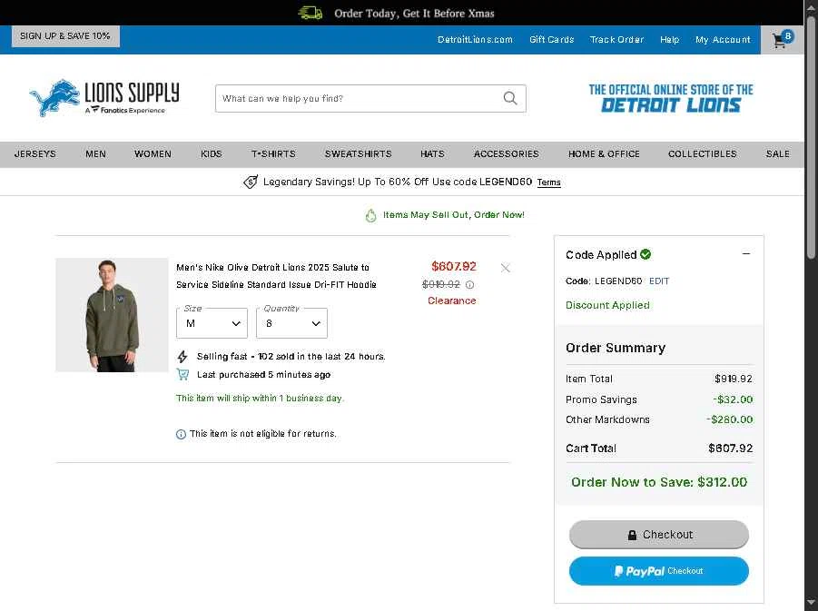 Detroit Lions Shop checkout page showing Detroit Lions Shop promo code box | Screenshot taken by SimplyCodes community member on Dec 12, 2025