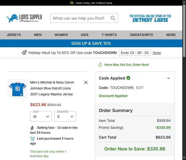 Detroit Lions Shop checkout page showing Detroit Lions Shop promo code box | Screenshot taken by SimplyCodes community member on Dec 10, 2025