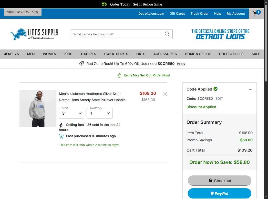 Detroit Lions Shop checkout page showing Detroit Lions Shop promo code box | Screenshot taken by SimplyCodes community member on Dec 5, 2025