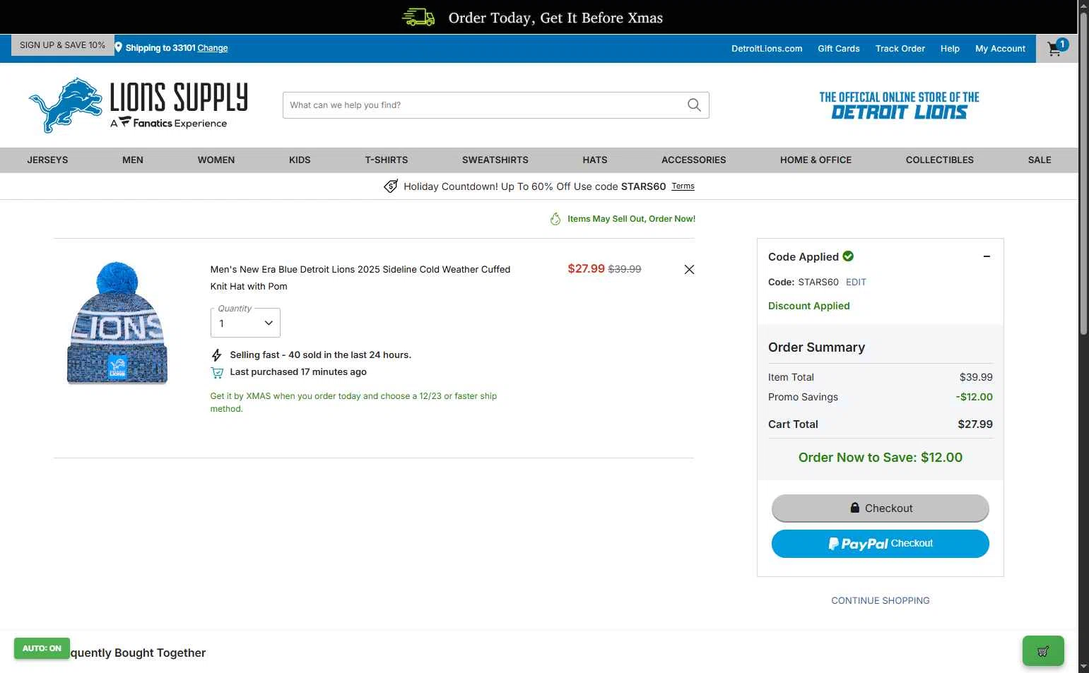 Detroit Lions Shop checkout page showing Detroit Lions Shop promo code box | Screenshot taken by SimplyCodes community member on Dec 19, 2025
