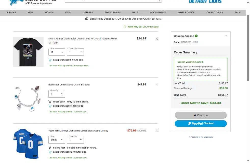 Detroit Lions Shop checkout page showing Detroit Lions Shop promo code box | Screenshot taken by SimplyCodes community member on Nov 25, 2025