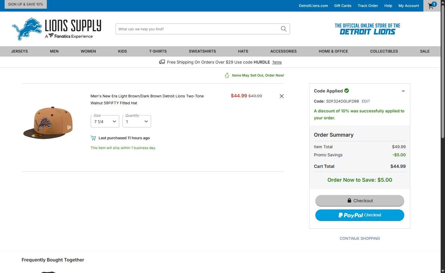 Detroit Lions Shop checkout page showing Detroit Lions Shop promo code box | Screenshot taken by SimplyCodes community member on Feb 4, 2026