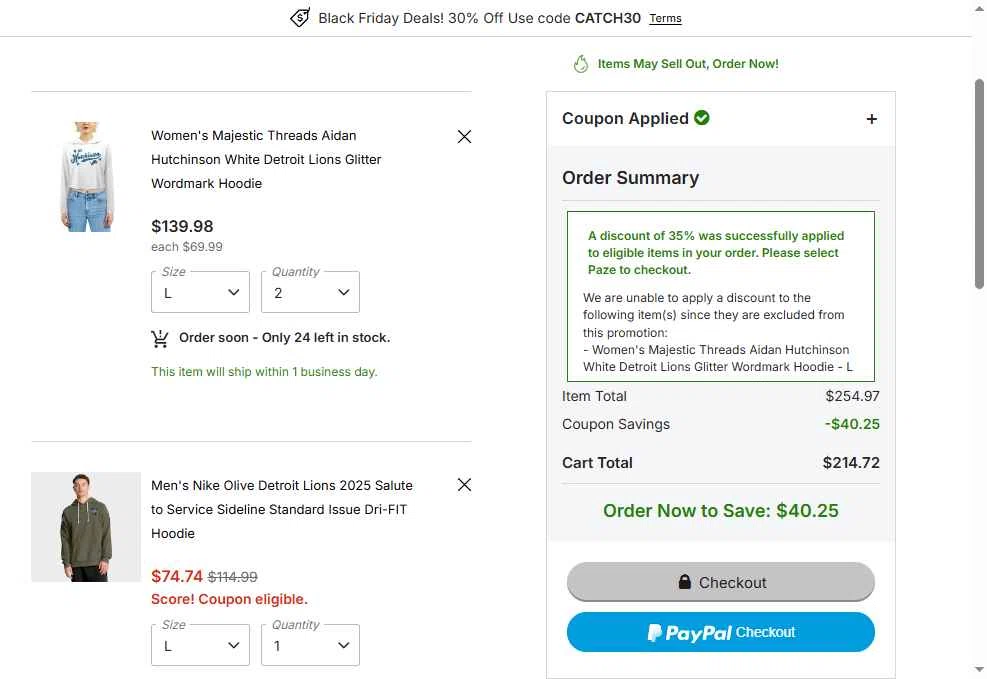 Detroit Lions Shop checkout page showing Detroit Lions Shop promo code box | Screenshot taken by SimplyCodes community member on Nov 20, 2025
