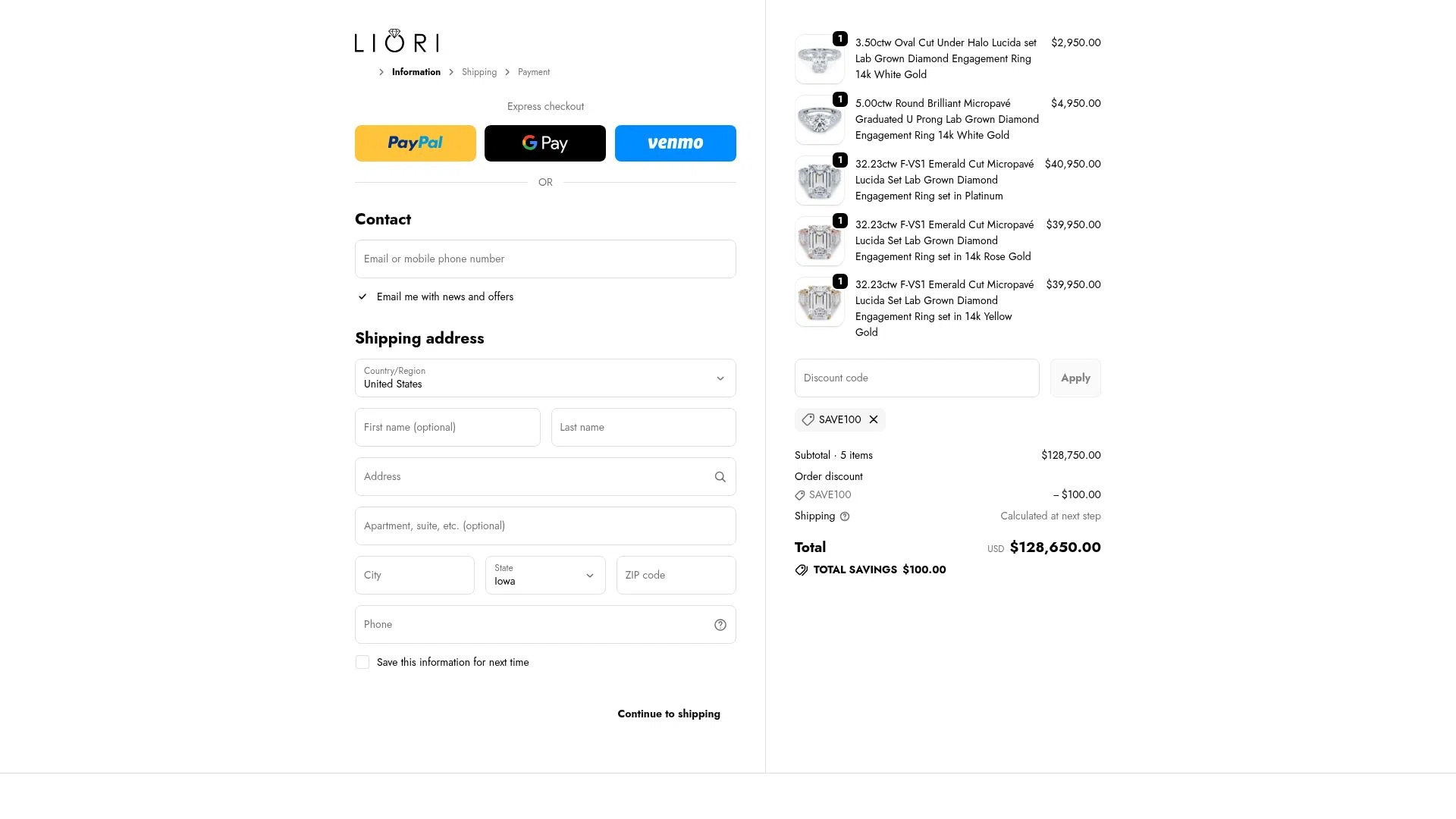 Liori Diamonds checkout page showing Liori Diamonds discount code box | Screenshot taken by SimplyCodes community member on Dec 18, 2025