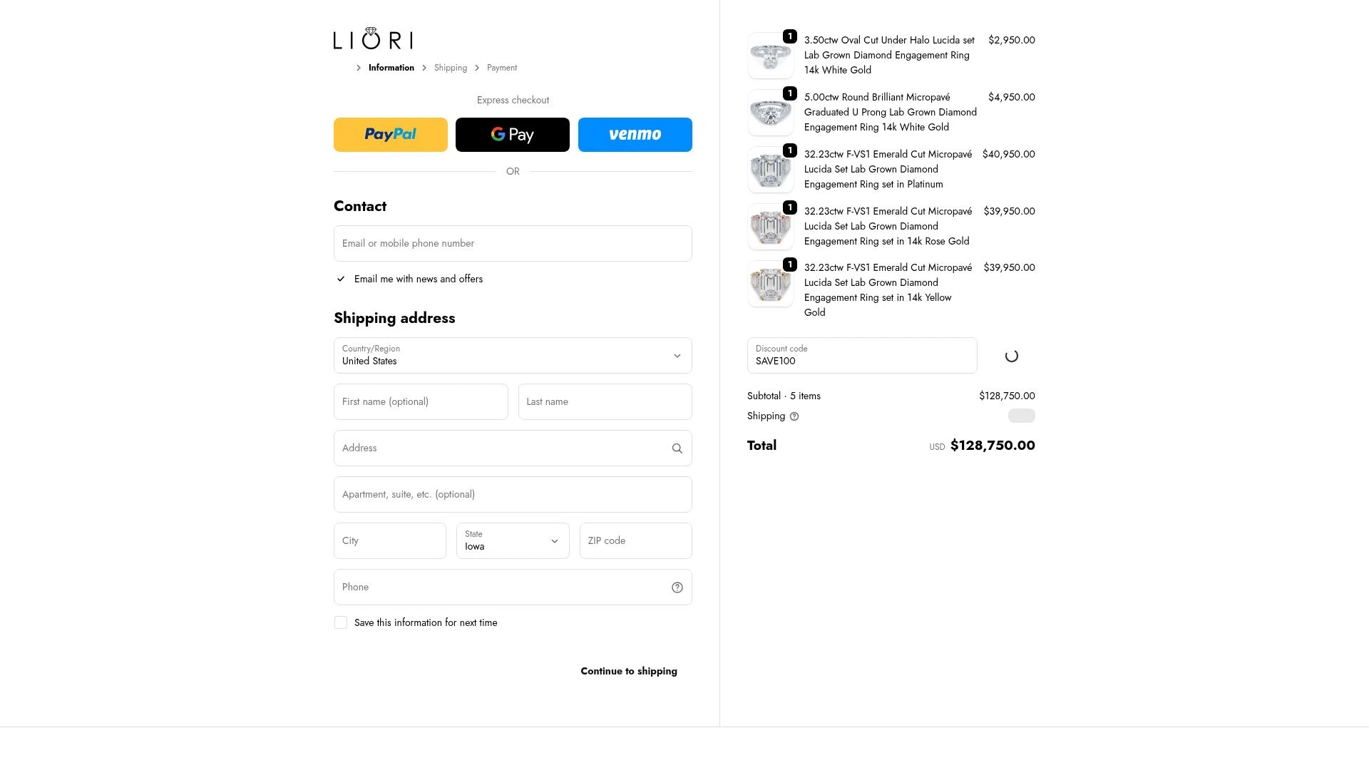 Liori Diamonds checkout page showing Liori Diamonds discount code box | Screenshot taken by SimplyCodes community member on Dec 29, 2025