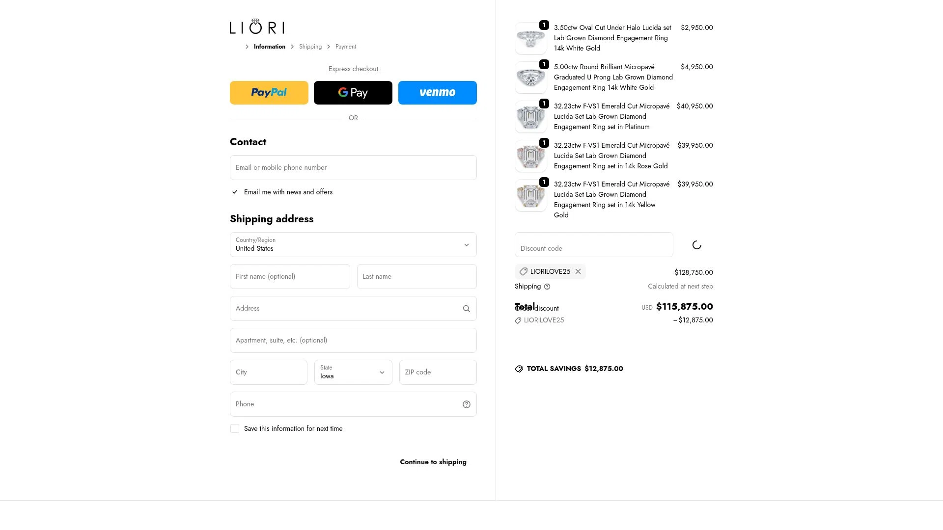 Liori Diamonds checkout page showing Liori Diamonds discount code box | Screenshot taken by SimplyCodes community member on Dec 29, 2025