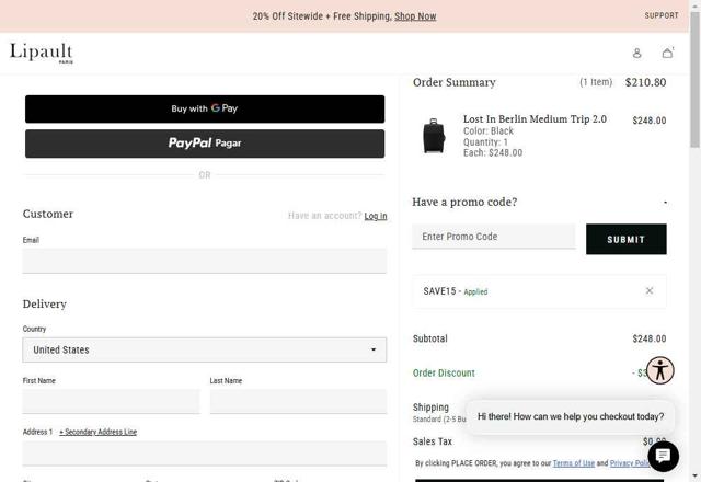 Lipault checkout page showing Lipault promo code box | Screenshot taken by SimplyCodes community member on Aug 23, 2025