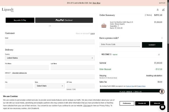 Lipault checkout page showing Lipault promo code box | Screenshot taken by SimplyCodes community member on Aug 16, 2025