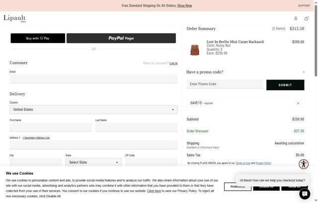 Lipault checkout page showing Lipault promo code box | Screenshot taken by SimplyCodes community member on Jul 11, 2025