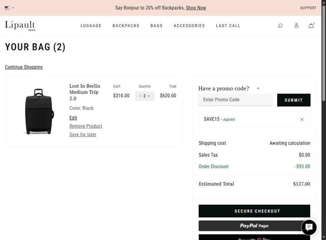 Lipault checkout page showing Lipault promo code box | Screenshot taken by SimplyCodes community member on Sep 15, 2025