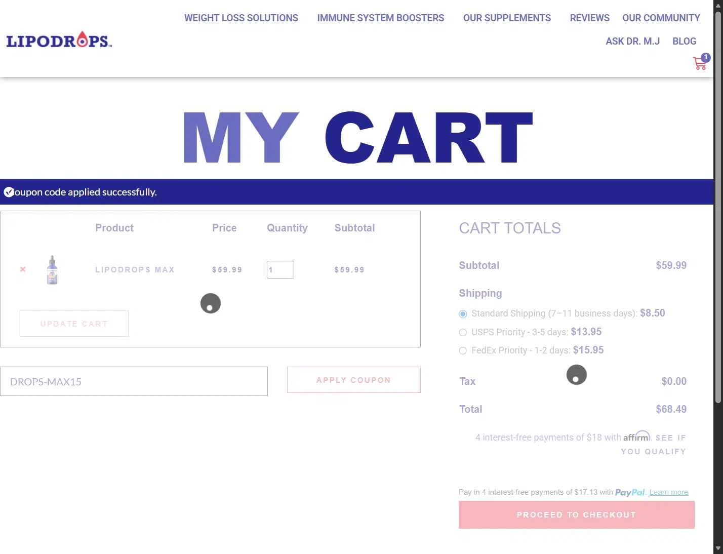 Lipodrops checkout page showing Lipodrops coupon code box | Screenshot taken by SimplyCodes community member on Jan 4, 2026