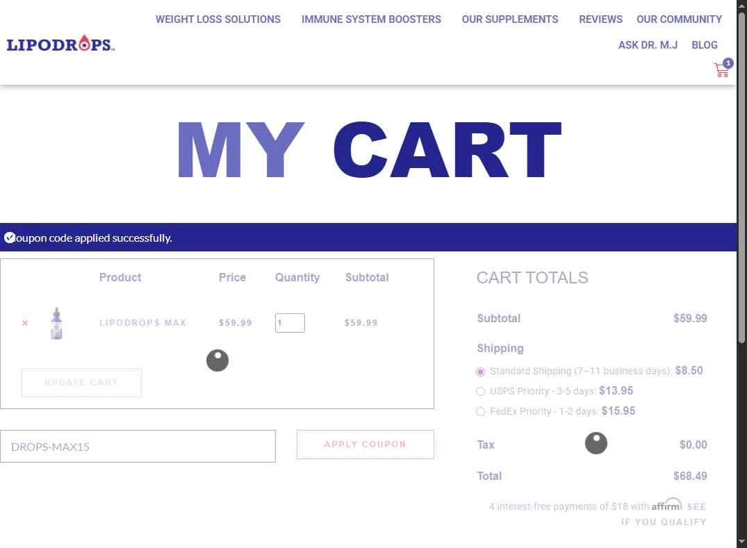 Lipodrops checkout page showing Lipodrops coupon code box | Screenshot taken by SimplyCodes community member on Dec 6, 2025