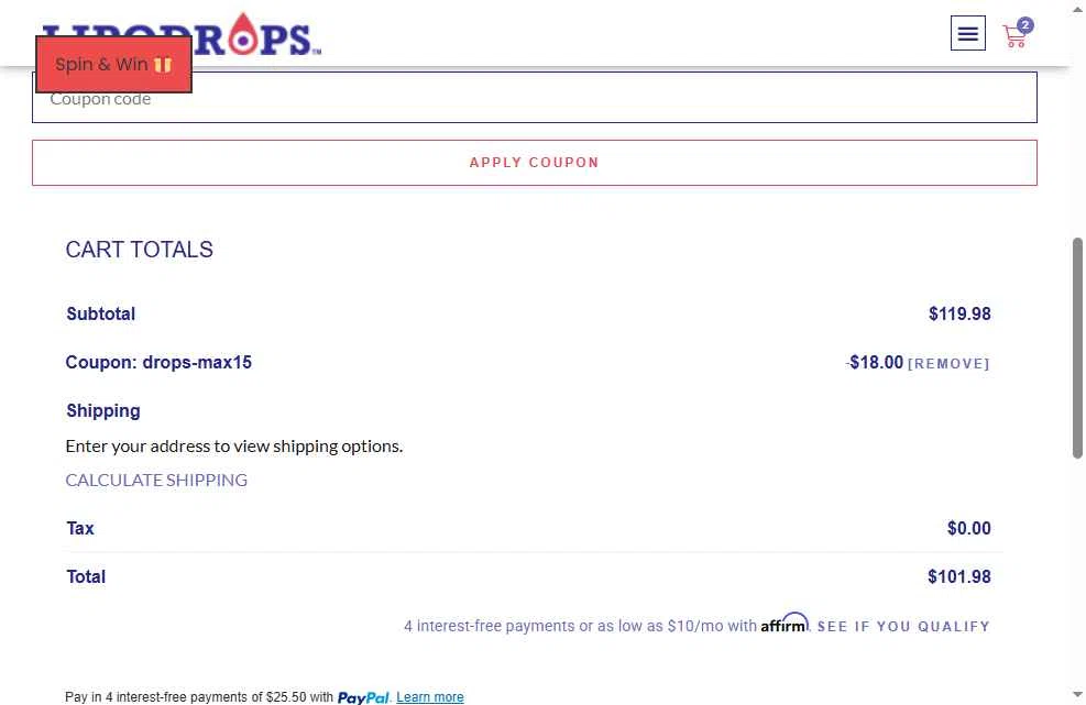 Lipodrops checkout page showing Lipodrops coupon code box | Screenshot taken by SimplyCodes community member on Nov 7, 2025
