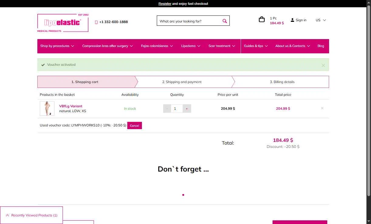 LIPOELASTIC checkout page showing LIPOELASTIC discount code box | Screenshot taken by SimplyCodes community member on Dec 20, 2025