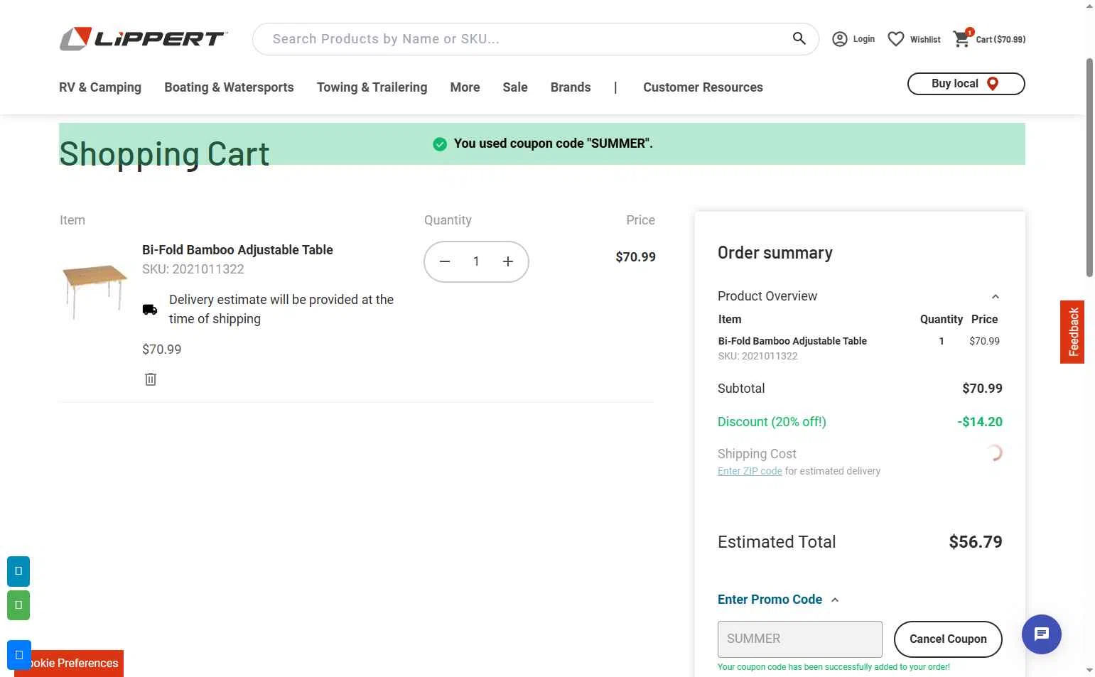 Lippert checkout page showing Lippert promo code box | Screenshot taken by SimplyCodes community member on Sep 7, 2025