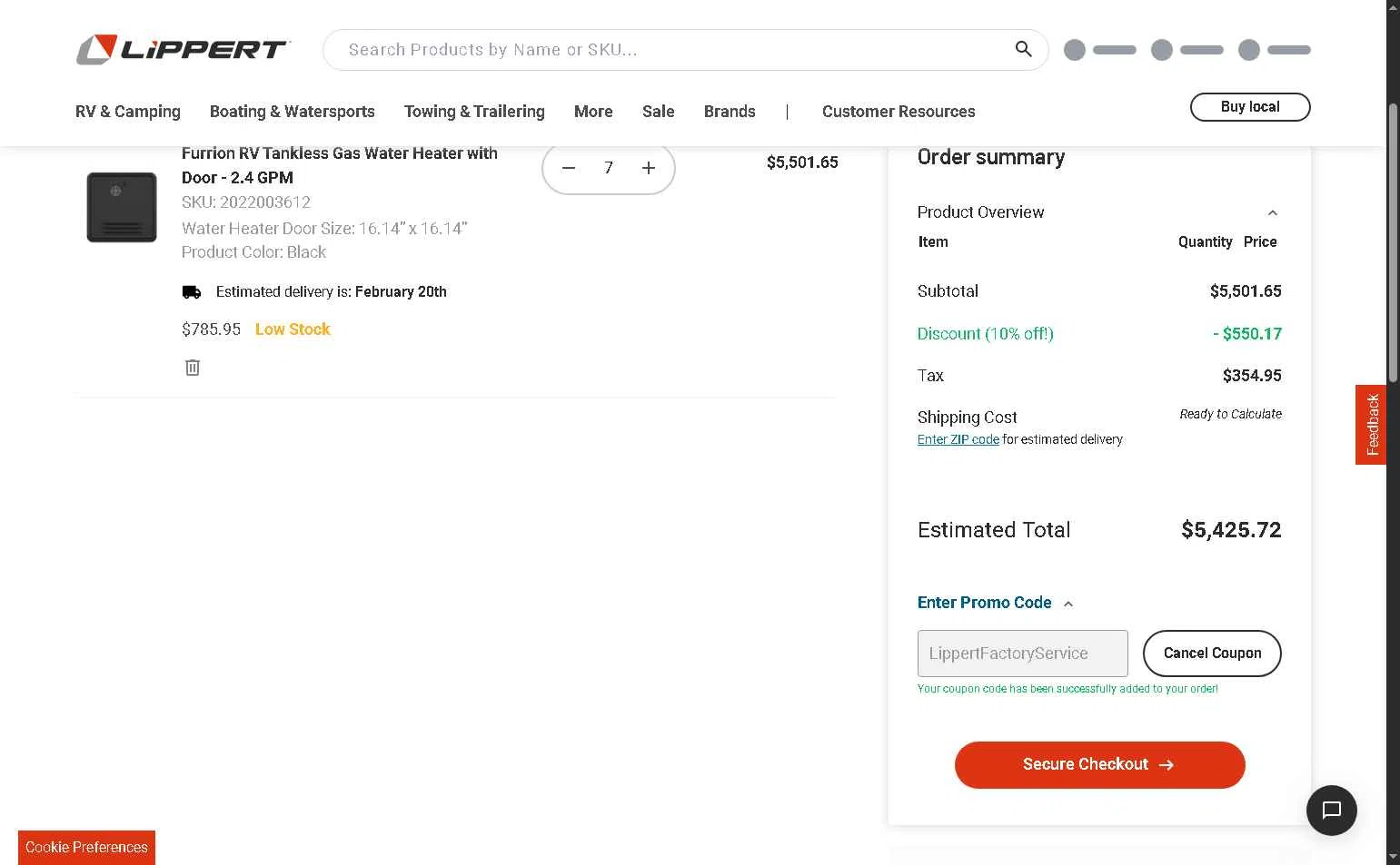 Lippert checkout page showing Lippert promo code box | Screenshot taken by SimplyCodes community member on Feb 14, 2026