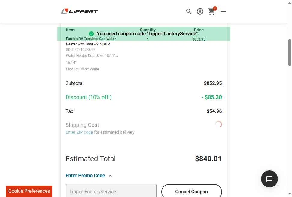 Lippert checkout page showing Lippert promo code box | Screenshot taken by SimplyCodes community member on Jan 16, 2026