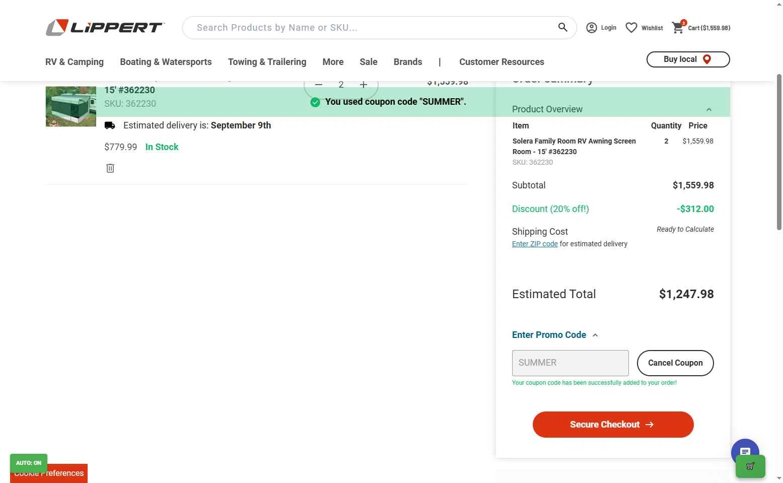 Lippert checkout page showing Lippert promo code box | Screenshot taken by SimplyCodes community member on Sep 3, 2025
