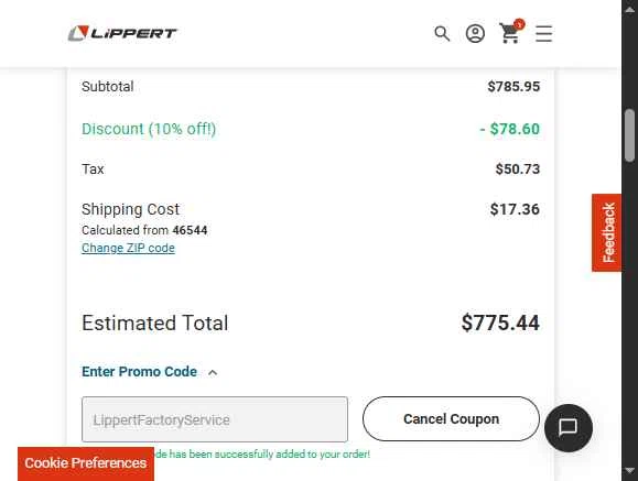 Lippert checkout page showing Lippert promo code box | Screenshot taken by SimplyCodes community member on Dec 18, 2025