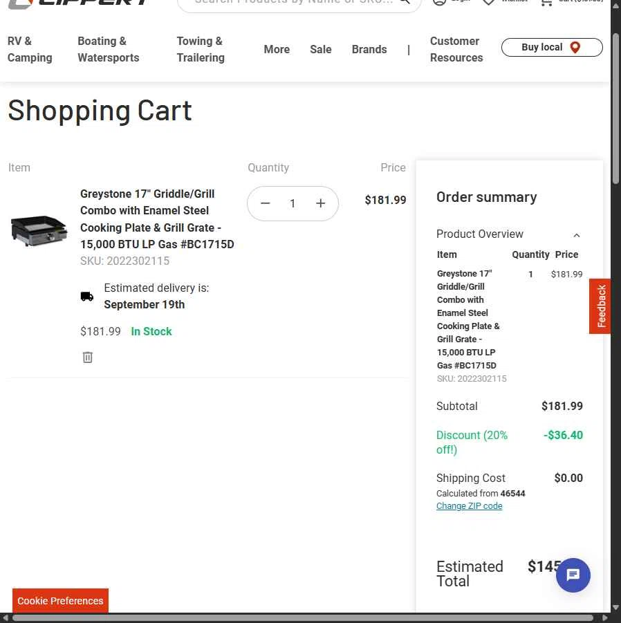 Lippert checkout page showing Lippert promo code box | Screenshot taken by SimplyCodes community member on Sep 12, 2025