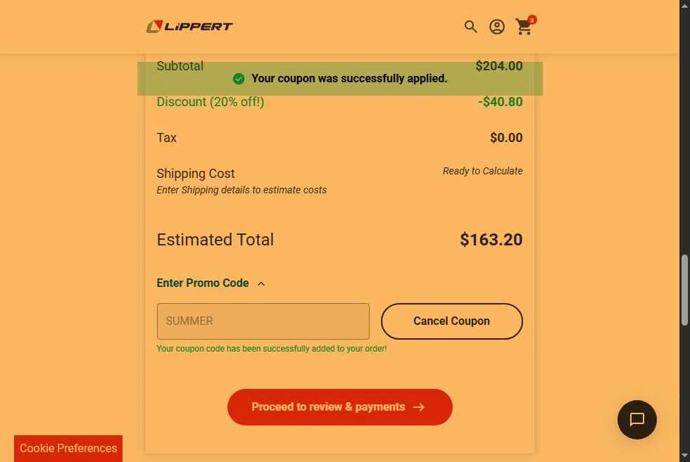 Lippert checkout page showing Lippert promo code box | Screenshot taken by SimplyCodes community member on Sep 18, 2025