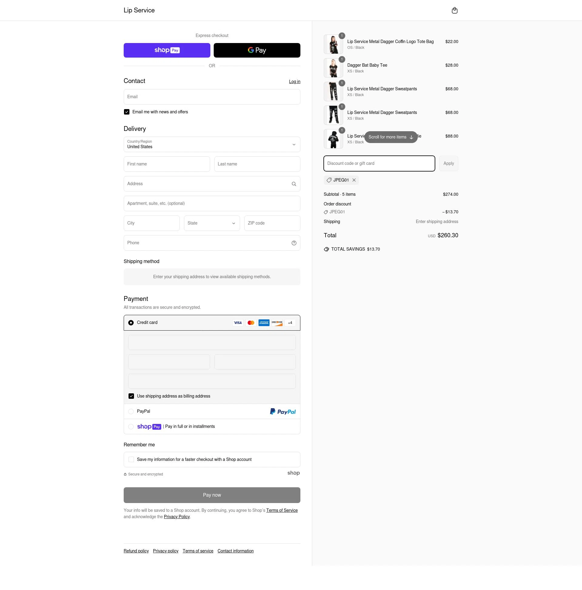 Lip Service checkout page showing Lip Service discount code box | Screenshot taken by SimplyCodes community member on Apr 9, 2025