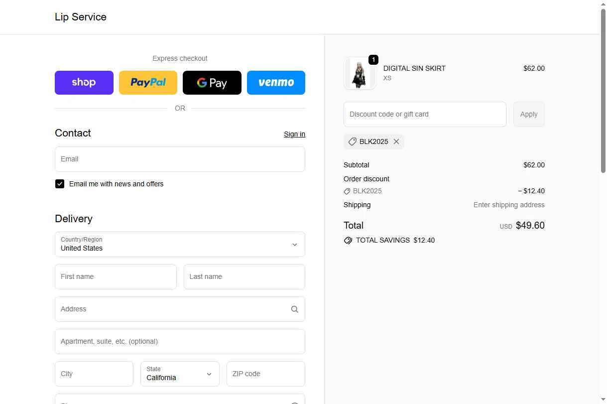 Lip Service checkout page showing Lip Service discount code box | Screenshot taken by SimplyCodes community member on Nov 21, 2025