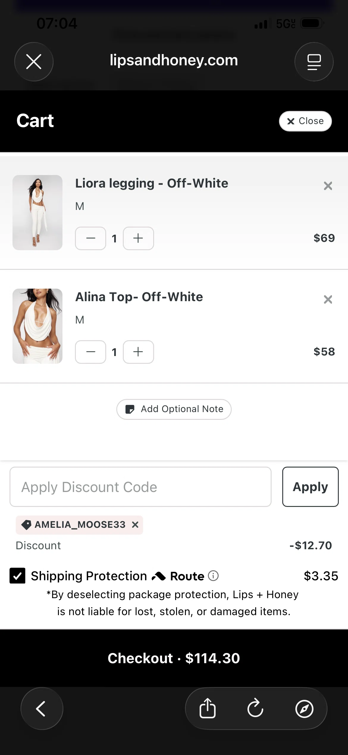 LIPS + HONEY promo code screenshot showing code AMELIA_MOOSE33 applied at LIPS + HONEY checkout page. Uploaded by SimplyCodes community member Tatiana1999 on Dec 29, 2025