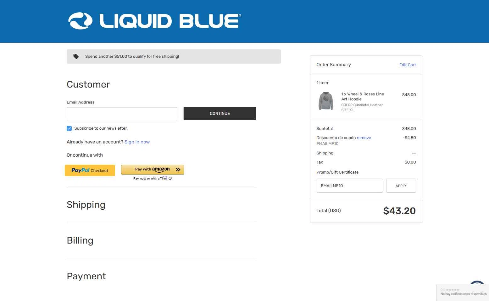 Liquid Blue Shop checkout page showing Liquid Blue Shop promo code box | Screenshot taken by SimplyCodes community member on Apr 24, 2025