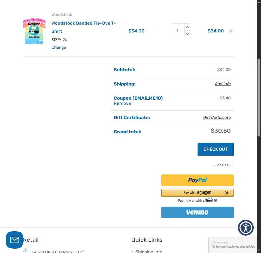 Liquid Blue Shop checkout page showing Liquid Blue Shop promo code box | Screenshot taken by SimplyCodes community member on Apr 24, 2025