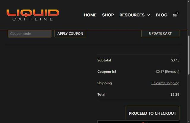 Liquid Caffeine checkout page showing Liquid Caffeine promo code box | Screenshot taken by SimplyCodes community member on Aug 17, 2025